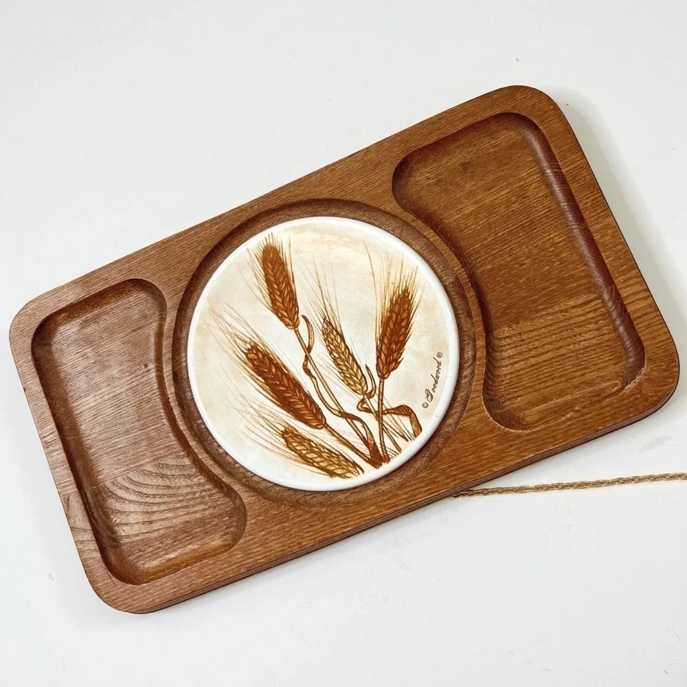 Vtg MCM Goodwood Teak Serving Tray Cheese 70s Wheat Design